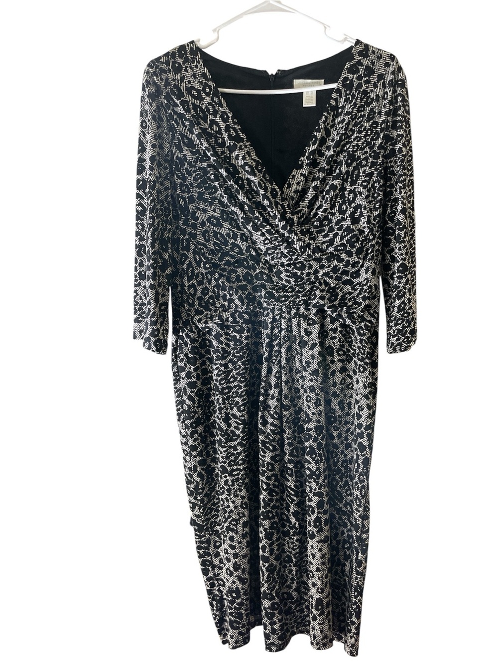 London Times Black and White Printed Long-Sleeve Wrap Dress